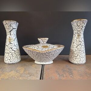 Jasba Cortina Lava Crackle glaze Set 2 vases and trinket box - White and Black